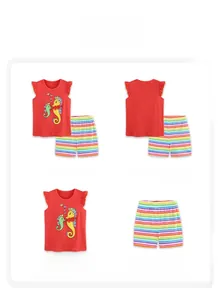 Close-up of girls red sleeveless top with ruffle sleeves and colorful striped shorts