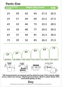 Detailed size chart for girls' cartoon print shorts set showing measurements for ages 2Y to 7Y