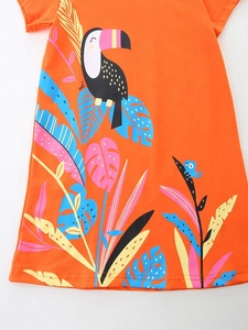 Girls bright orange cotton knit dress with tropical toucan and palm leaf print