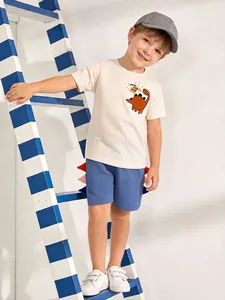 Toddler Boys Summer Short Sleeve T-Shirt And Shorts Outfit With Cartoon Dinosaur Print Soft Pullover Casual Top And Bottoms