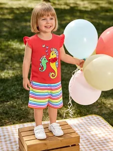 Toddler Girls Summer Ruffle Sleeve Top And Rainbow Striped Shorts Cotton Outfit Set Seahorse Print Casual Clothes