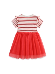 Girls Summer Striped Cotton Tulle Dress With Flutter Sleeves Heart Embroidered Patch Princess Style Party Skirt For Kids