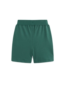 Boys dark green cotton knit sports shorts with wide ribbed waistband for summer wear