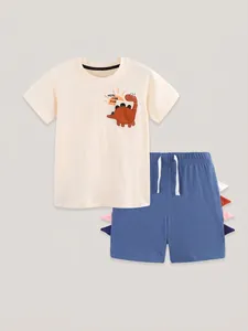 Kids cotton summer set with beige dinosaur print t-shirt and blue fin detail shorts