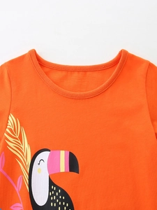 Bright orange cotton knit dress for girls with tropical cartoon toucan print