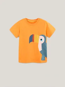 T-shirt enfant en coton orange avec imprimé toucan de dessin animé et col rond