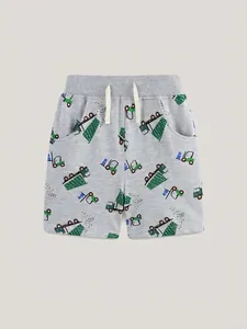 Light grey boys knit cotton shorts with elastic drawstring waist and truck prints