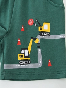 Dark green cotton kids shorts featuring cartoon excavator print and quality stitching