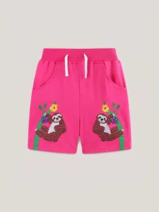 Pink girls' casual sports shorts featuring cute sloth embroidery and white drawstring