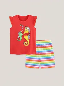Summer girls sleeveless cotton set with seahorse print top and colorful striped shorts