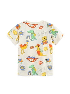 T-shirt manches courtes en coton pour garçon avec imprimé animaux super-héros crème
