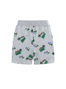 Grey cotton boys shorts with all-over dump truck print and elastic ribbed waistband