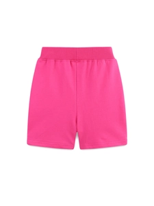 Girls rose pink cotton knit sports shorts with elastic waistband and embroidery