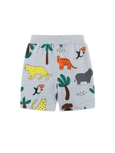 Boys 100% Cotton Casual Shorts Summer Elastic Waist With Drawstring Cartoon Animal Print Kids Grey Breathable Shorts
