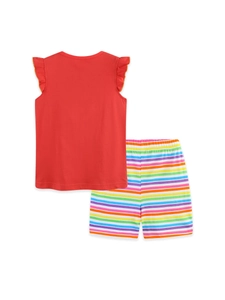 Summer kids set with red flutter sleeve cotton top and multicolor striped shorts