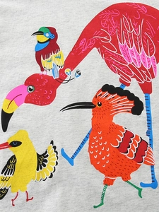 Short sleeve light gray cotton T-shirt for girls featuring colorful cartoon bird prints