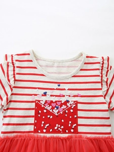 Striped princess dress for girls with heart embroidery and red mesh tiered skirt