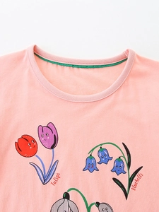 Pink short sleeve girl's cotton T-shirt with tulip floral print and round neckline