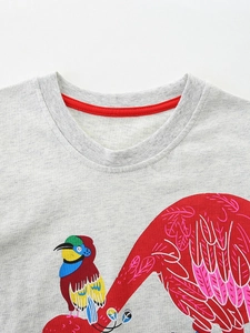 Girls' light grey cotton T-shirt featuring a colorful bird print and red neck piping