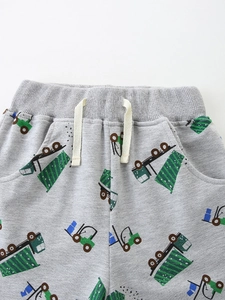 Boys grey cotton shorts with colorful construction truck prints and elastic drawstring waist