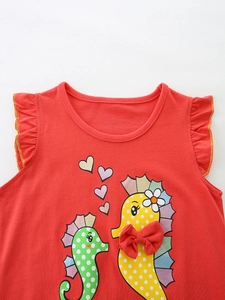 Summer girls' red sleeveless cotton t-shirt featuring seahorse print and ruffle details