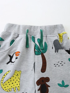 Boys grey cotton shorts with tropical animal prints and green contrast drawstrings
