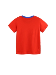 Back view of red cotton boys T-shirt with blue crew neck collar on white background