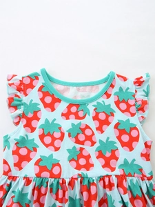 Blue sleeveless girl dress with strawberry print and ruffle sleeves in soft cotton