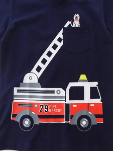 Kids navy cotton T-shirt featuring cartoon fire truck and dalmatian pocket detail