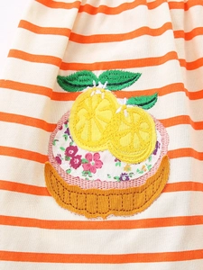 Ärmelloses Sommerkleid für Mädchen mit orangefarbenen Streifen und Zitronen-Stickerei
