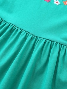 Teal short-sleeved girls' dress featuring colorful flower embroidery and pleated details