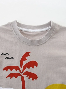 T-shirt gris pour enfant en coton avec imprimé palmier et col rond à bords-côtes