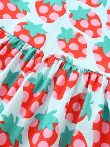 Light blue cotton girls strawberry print dress with smocked chest detail and ruffles