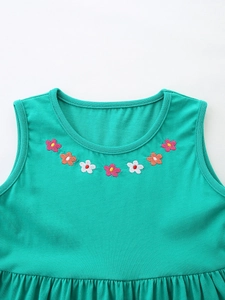 Bright green girls sleeveless dress with floral embroidery and pleated waist detail