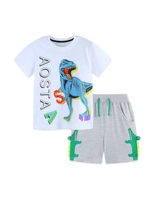 Ensemble d'été pour garçon avec t-shirt blanc imprimé dinosaure et short gris en coton