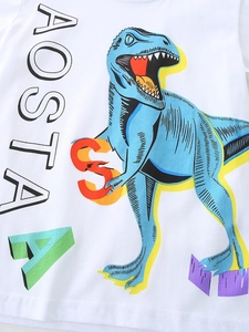 T-shirt blanc en coton pour garçon avec imprimé dinosaure bleu et lettrage AOSTA vif