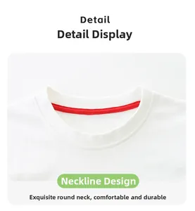 Detail of round neckline on cotton kids t-shirt with red reinforced inner neck tape