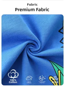 Detail of 100% cotton fabric showing soft knit texture and blue cartoon print