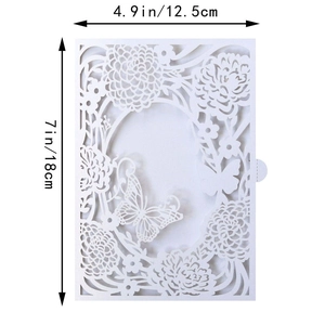 Laser cut invitation cover with rose and butterfly patterns, sized 18cm x 12.5cm