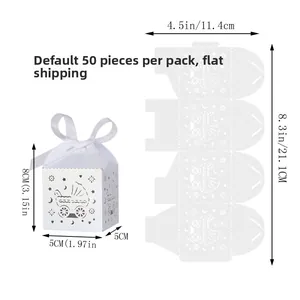Flat laser-cut baby carriage candy box showing dimensions and white ribbon bow detail
