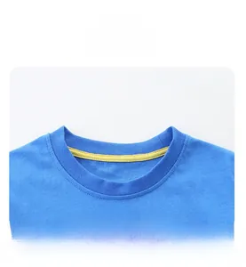 Close-up of sky blue cotton T-shirt ribbed crew neck with yellow reinforced tape