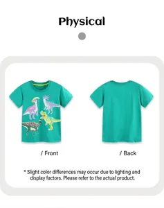 Front and back view of kids green cotton T-shirt with glowing dinosaur prints