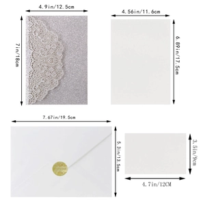 Detailed dimensions of silver glitter laser cut lace wedding invitation card set