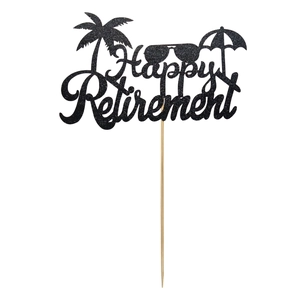 Black glitter Happy Retirement cake topper with palm tree and sunglasses summer design