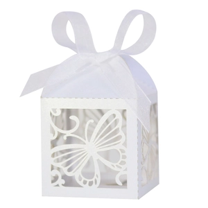 Detailansicht der lasergeschnittenen weißen Schmetterlingsbox mit eleganter Schleife