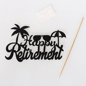 Black glitter Happy Retirement cake topper with tropical palm tree and umbrella design