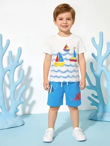 Boys Summer Cotton T-Shirt And Shorts Set Cartoon Sailboat Tropical Fish Print Round Neck Two Piece Outfit Kids Clothes