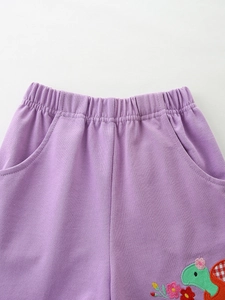 Ensemble fille en coton violet avec taille élastique et broderie de dinosaure mignon