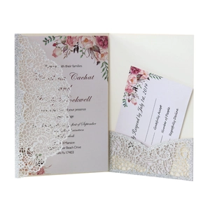 Elegant laser cut silver glitter wedding invitation set with floral card and RSVP note