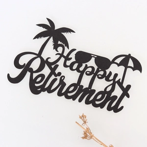 Glittery Happy Retirement cake topper with palm trees and sunglasses in black color